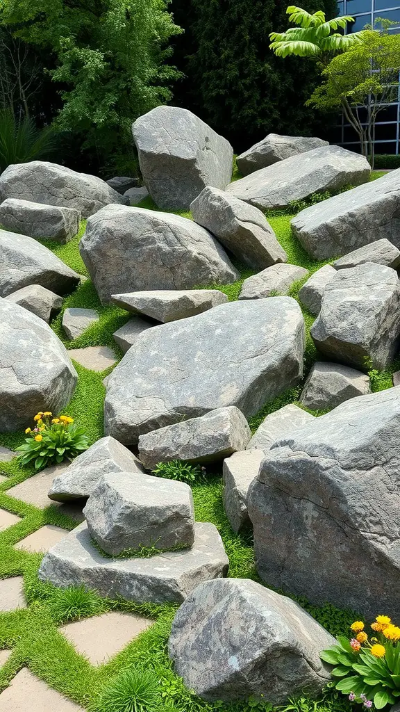 19 Stunning Rock Garden Landscaping Ideas to Transform Your Outdoor Space 2 A rock garden featuring large boulders scattered among green grass and yellow flowers.