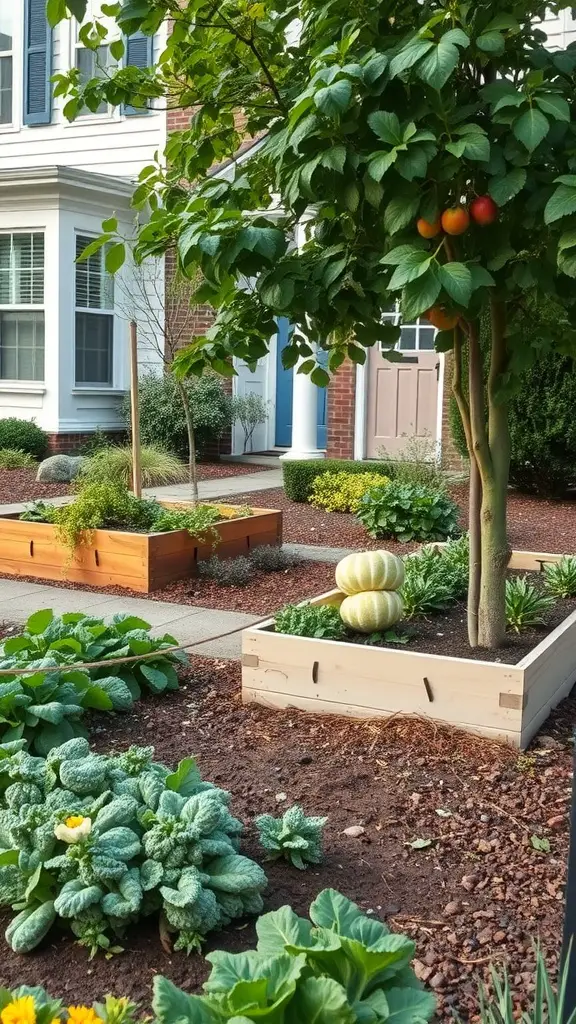 13 Stunning No Grass Front Yard Ideas for a Low-Maintenance Landscape 9 A front yard featuring a fruit-bearing tree and raised garden beds filled with vegetables.