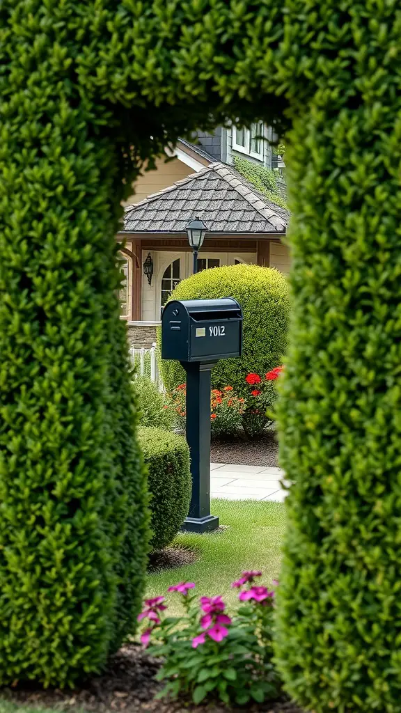 19 Stunning Mailbox Plants to Enhance Your Curb Appeal 10 A neatly trimmed boxwood hedge frames a mailbox in a vibrant garden setting.