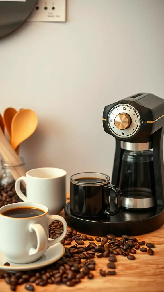 27 Creative Hangout Room Ideas for Your Space 13 A black coffee maker with two mugs of coffee on a wooden table surrounded by coffee beans