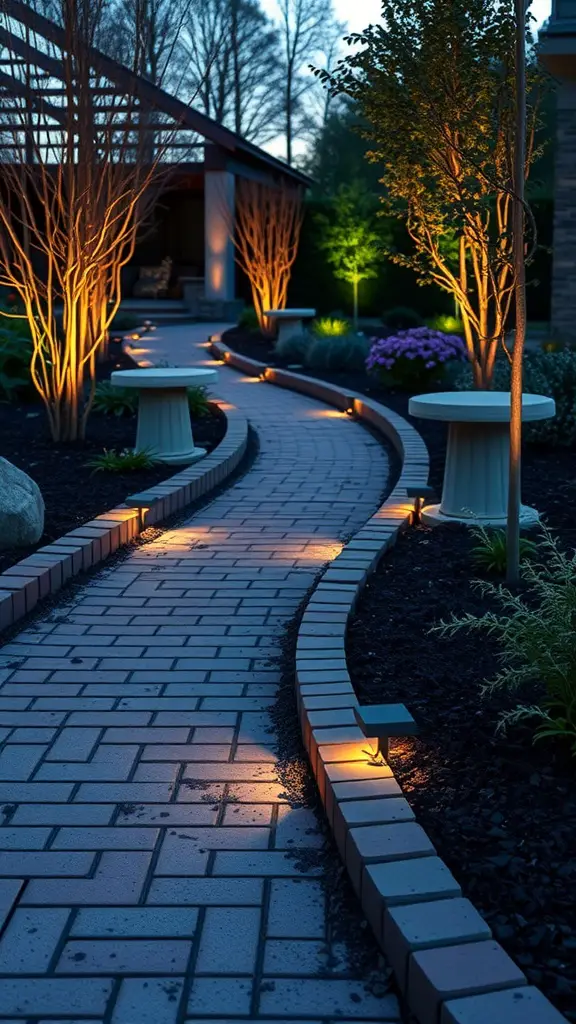 29 Creative Brick Garden Edging Ideas to Transform Your Outdoor Space 13 A beautifully lit garden path bordered with brick edging, featuring integrated lighting along the way.