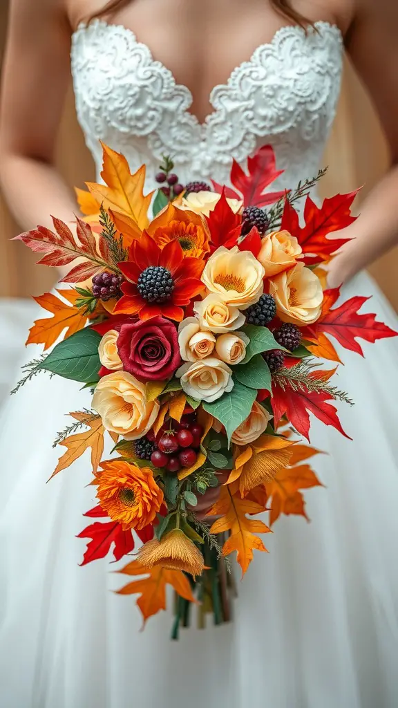 A bridal bouquet featuring colorful fall foliage, including red and orange leaves, roses, and berries, held by a bride in a white dress.