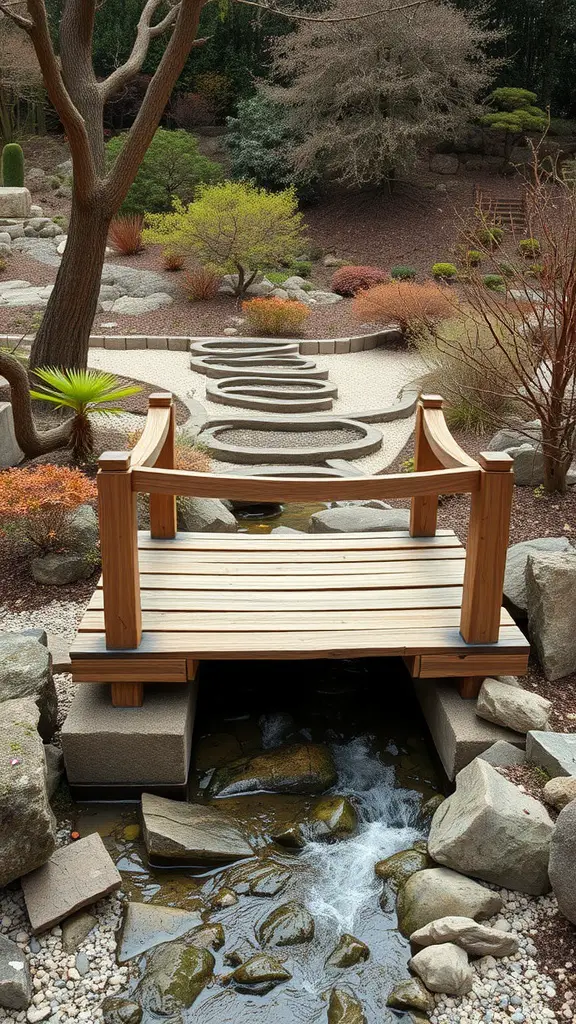 A wooden bridge over a small stream in a zen garden.