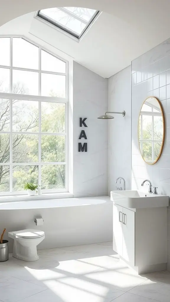 Bright and airy bathroom with large windows and modern fixtures