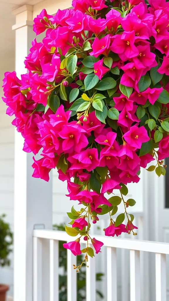 Hanging basket filled with bright pink bougainvillea flowers