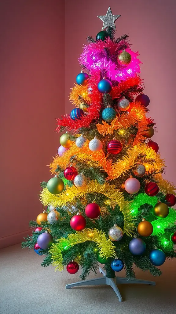 17 Creative Dollar Tree Christmas Tree Ideas on a Budget 8 A brightly decorated rainbow Christmas tree with colorful ornaments and sparkling lights.