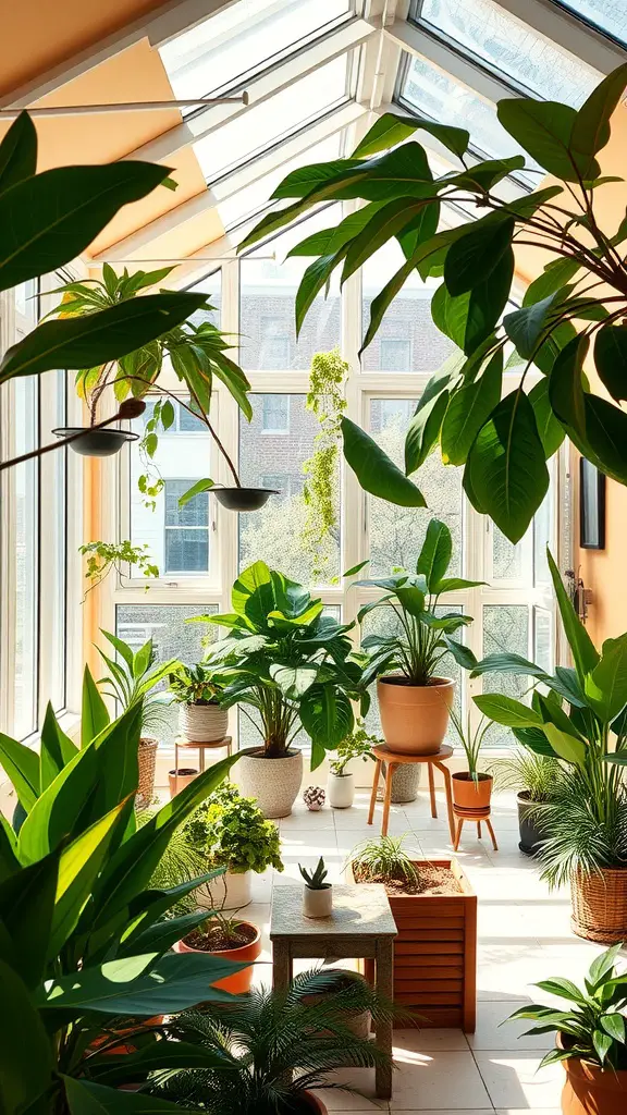 A bright sunroom filled with various potted plants, showcasing a harmonious blend of nature and sunlight.