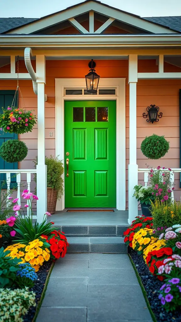 17 Stunning Green Front Door Ideas to Elevate Your Curb Appeal 11 A bright grass green front door with colorful flower beds and hanging planters.