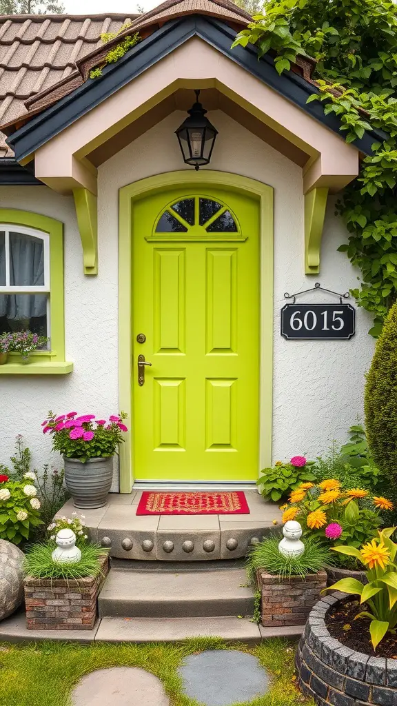 17 Stunning Green Front Door Ideas to Elevate Your Curb Appeal 5 A bright lime green front door with flower pots and a decorative rug at the entrance.