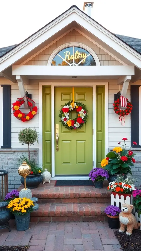 17 Stunning Green Front Door Ideas to Elevate Your Curb Appeal 13 Bright olive green front door with floral decorations and a welcoming atmosphere.