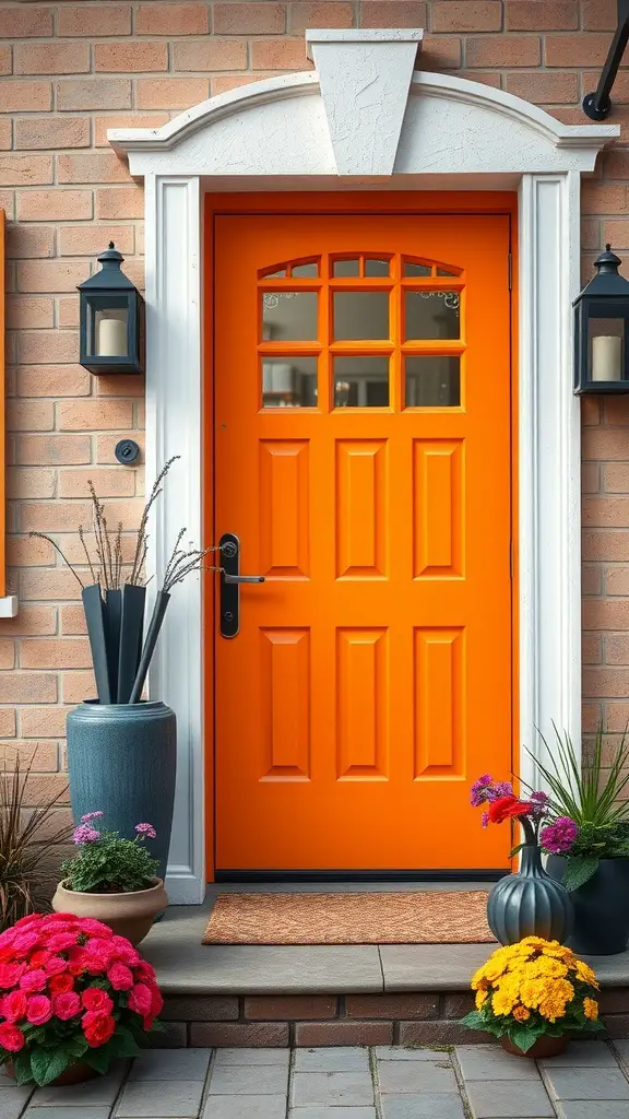 13 Stunning Front Door Color Ideas to Transform Your Home 12 A bright orange front door with decorative lanterns and colorful potted flowers.