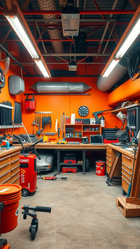 A bright orange garage with organized tools and workspaces, showcasing a lively and energetic atmosphere.