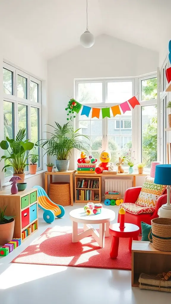 19 Stunning Indoor Sunroom Ideas You’ll Love 7 A colorful indoor sunroom designed as a play area for kids, featuring toys, plants, and comfortable seating.