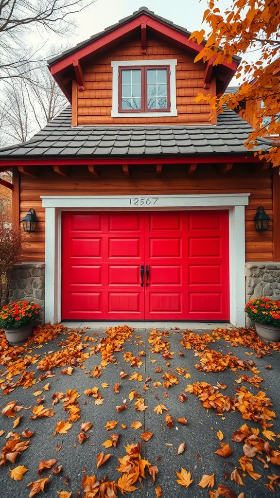 A bright red garage door on a wooden house surrounded by autumn leaves and flowers.
