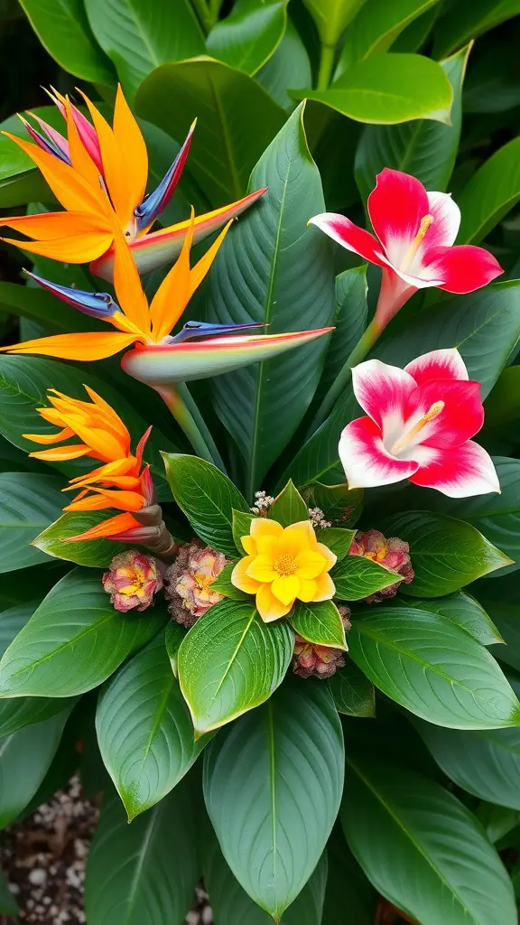 21 Stunning Flower Bouquet Ideas for Every Occasion 7 A vibrant display of tropical flowers with bird of paradise, yellow, and pink blooms surrounded by lush green leaves.