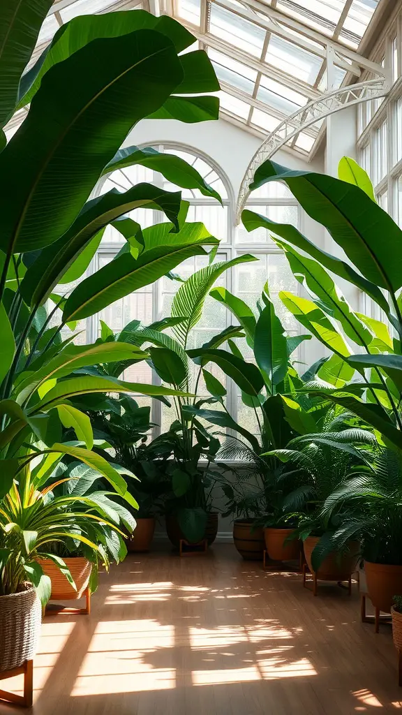 A bright indoor space filled with large leaf plants and sunlight streaming through a glass ceiling.