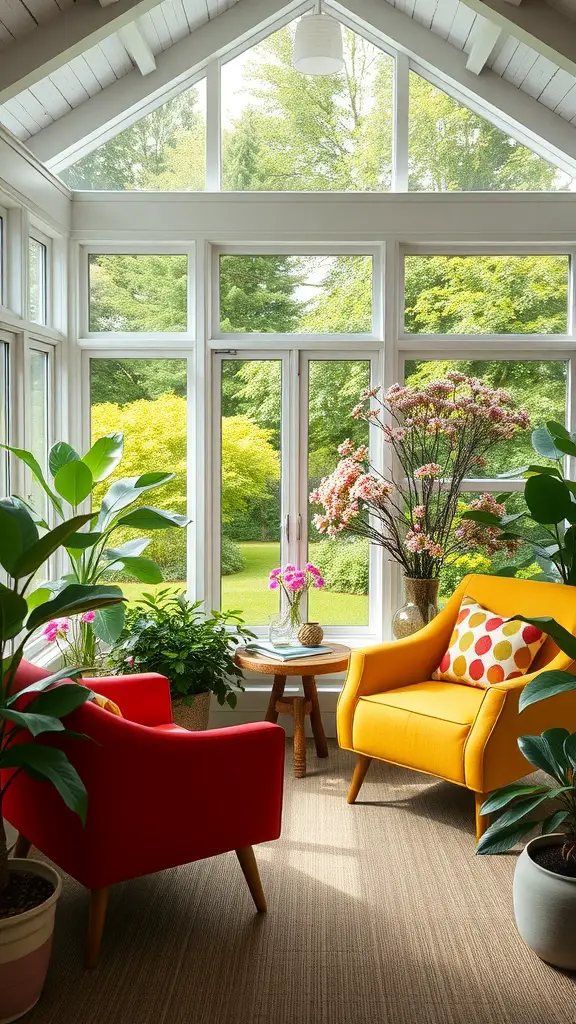 A sunroom featuring a red accent chair and a yellow accent chair, surrounded by plants and flowers