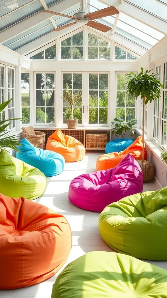 Brightly colored bean bags in a sunroom filled with natural light