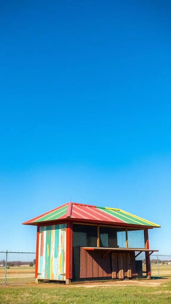 15 Creative Chicken Coop Decor Ideas to Enhance Your Backyard 14 A brightly colored chicken coop with a multi-colored roof and walls in red, yellow, and blue.