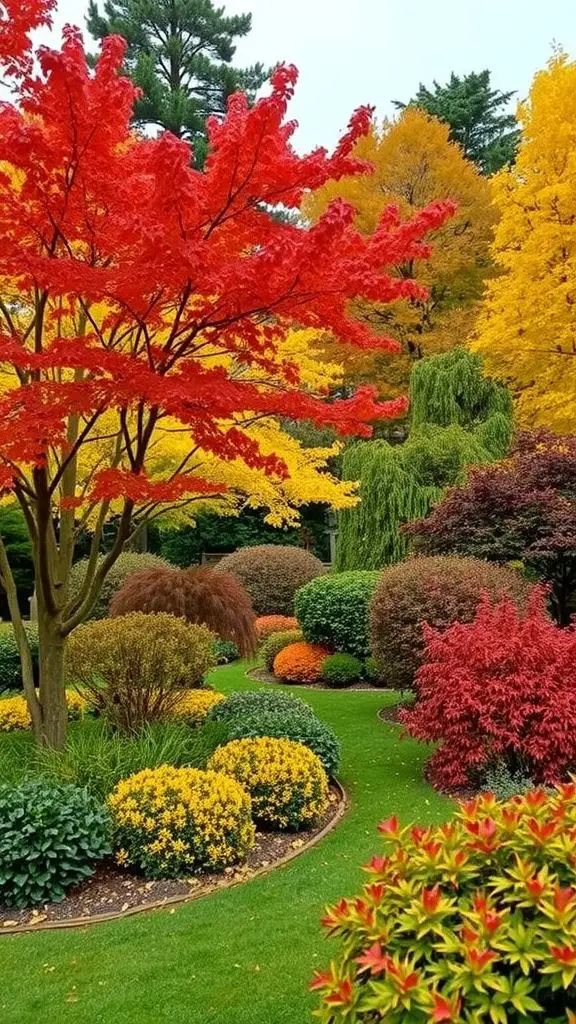 A vibrant fall garden featuring red, orange, and yellow foliage with flower beds