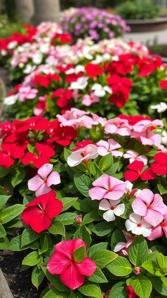 19 Colorful Plant Ideas to Brighten Your Space 14 A colorful display of Impatiens flowers in red, pink, and white.