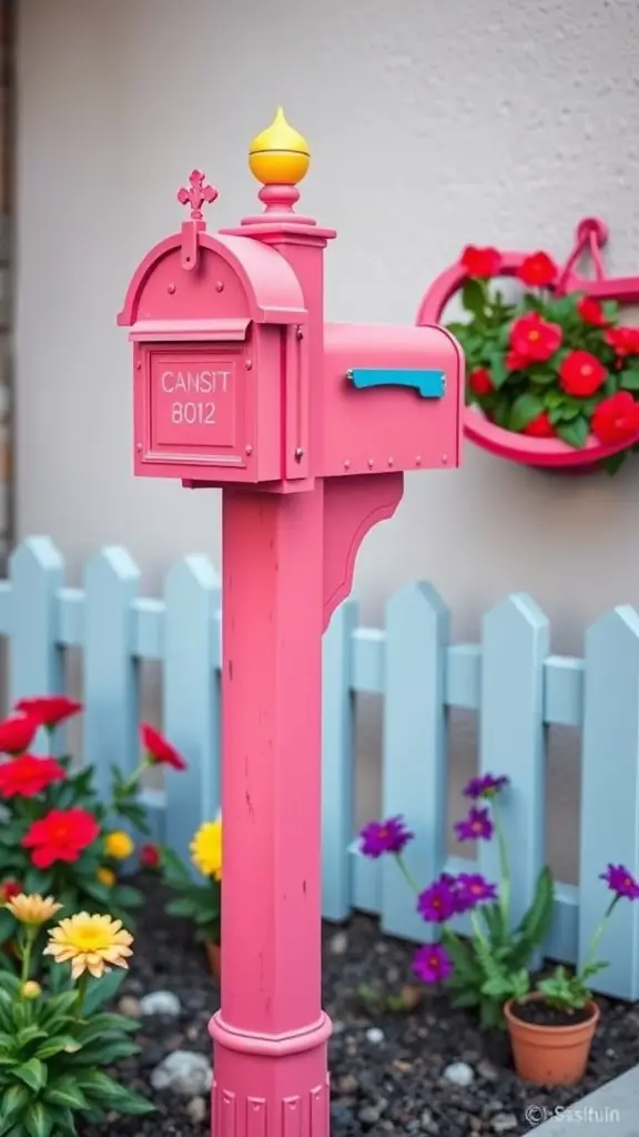 A decorative pink mailbox post surrounded by colorful flowers and a light blue fence.