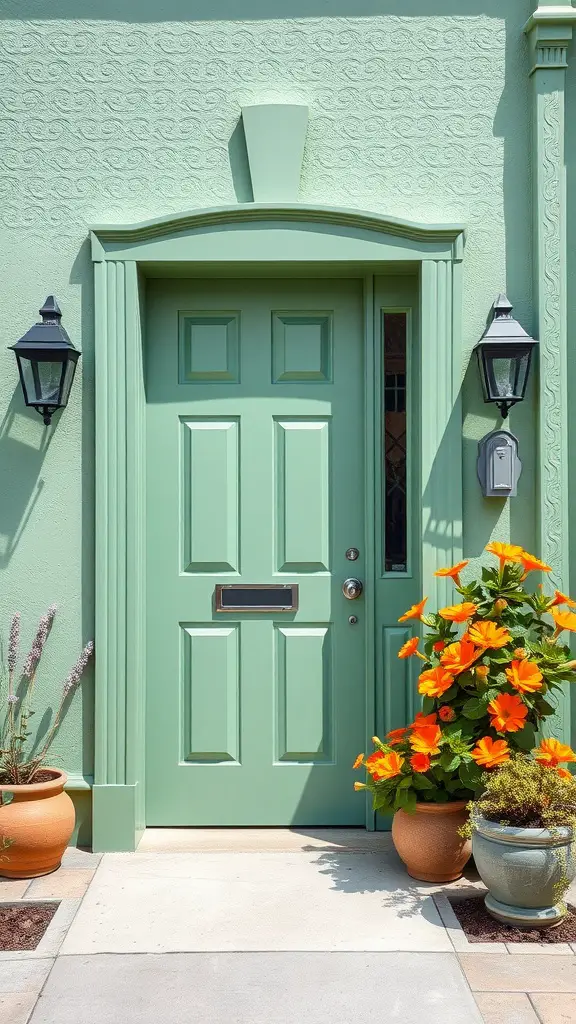 15 Stunning Sage Green Exterior Doors to Inspire Your Home Makeover 14 A brightly colored sage green door with bold trim, surrounded by vibrant orange flowers in pots.