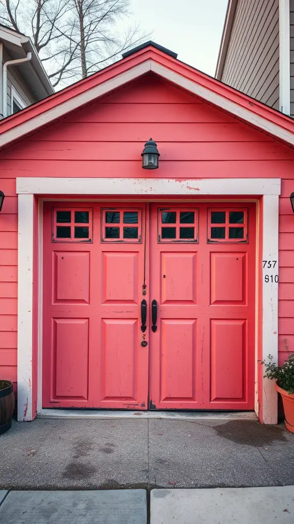 A vintage garage door painted in bright pink, with black accents and a classic design.