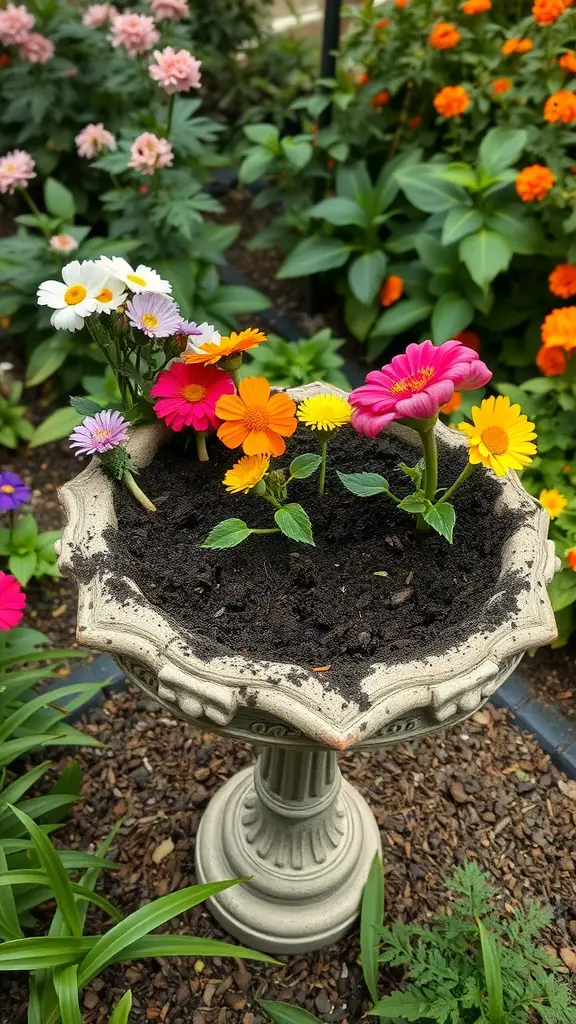 15 Creative Repurposed Items to Transform Your Garden 4 A broken birdbath filled with colorful flowers, surrounded by lush greenery in a garden.
