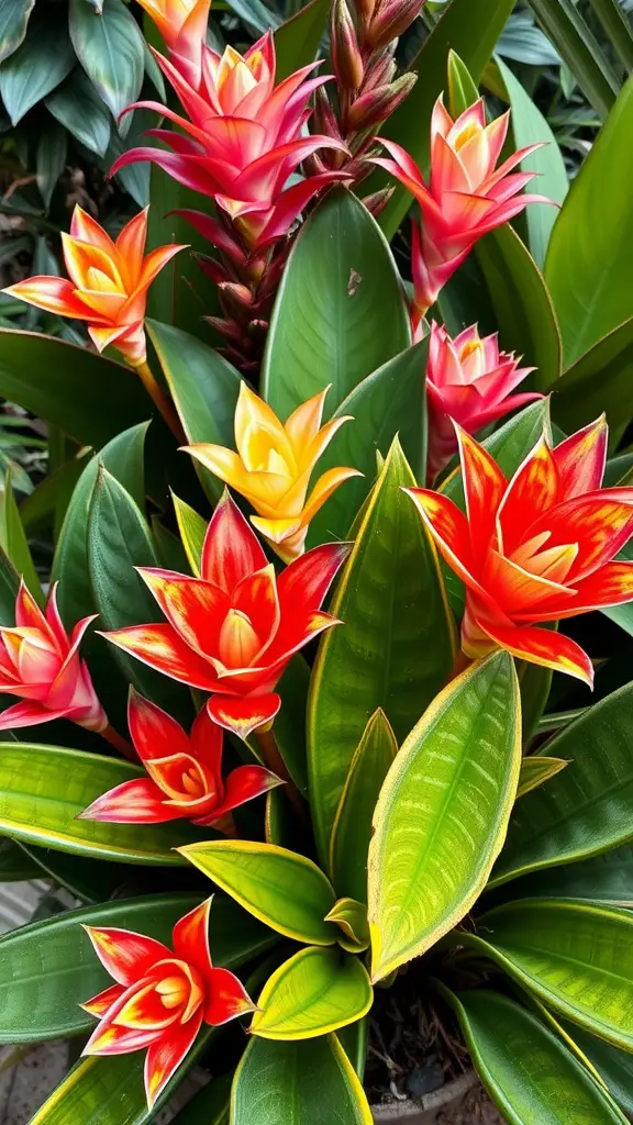 21 Stunning Tropical Garden Plants You Need to Grow 14 A collection of colorful bromeliads featuring red, orange, and yellow flowers surrounded by green leaves