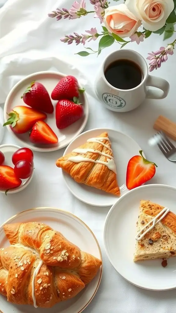 21 Stunning Grazing Table Ideas for Your Next Celebration 2 A brunch grazing table featuring pastries, fresh strawberries, cherries, and a cup of coffee.