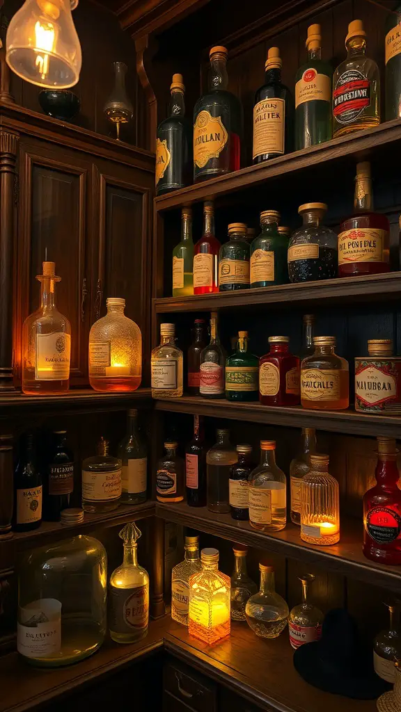 A cozy shelf filled with colorful potion bottles, some glowing with candlelight, perfect for Halloween decoration.