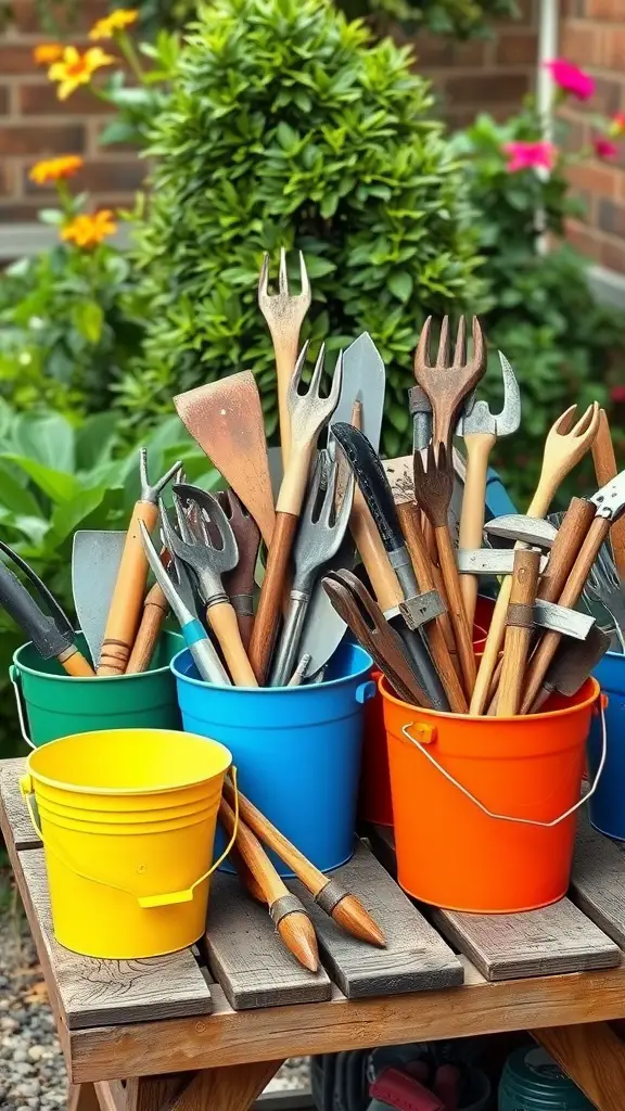 Colorful buckets filled with various gardening hand tools on a wooden table in a garden