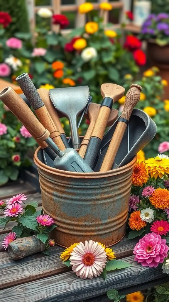 A bucket filled with gardening tools surrounded by colorful flowers