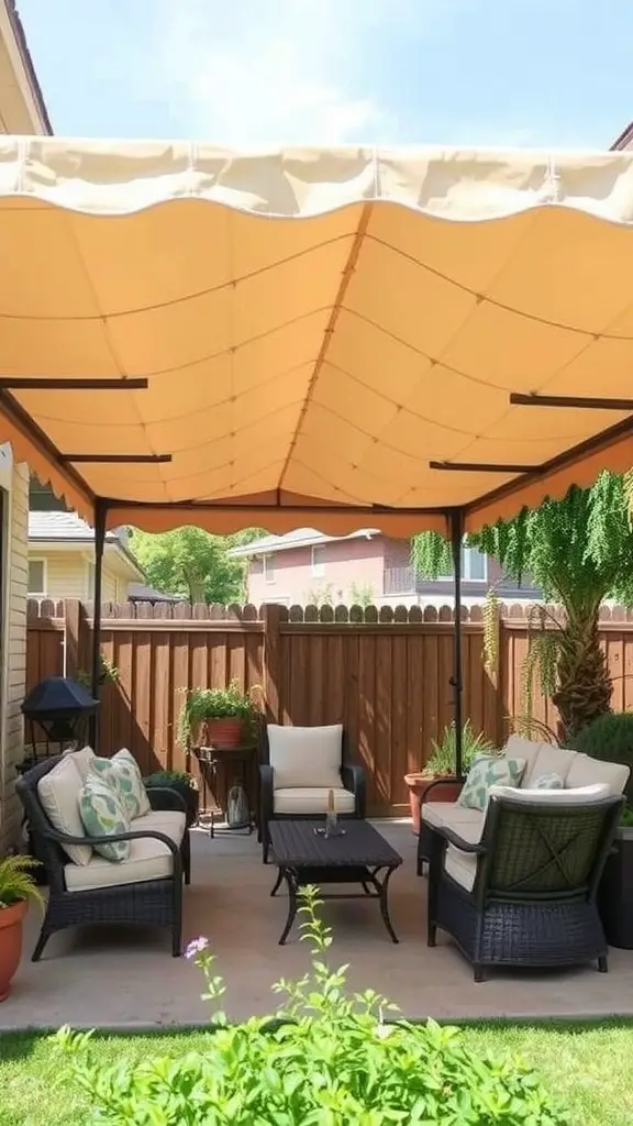 23 Affordable Backyard Patio Ideas to Transform Your Outdoor Space 15 A budget-friendly canopy providing shade over a cozy outdoor seating area with potted plants.