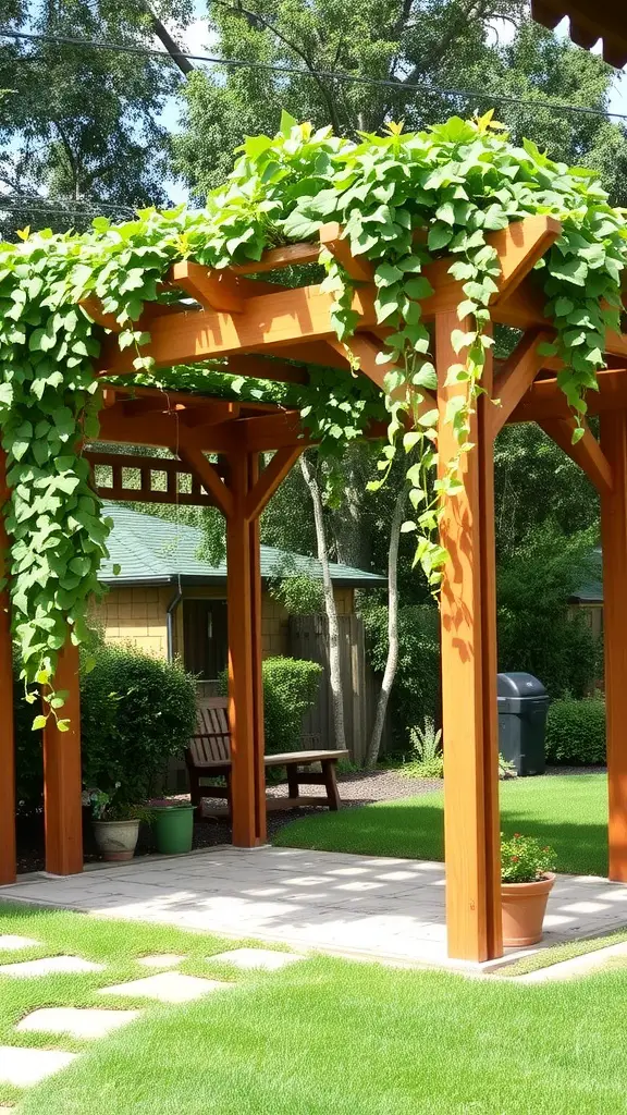 19 Stunning Backyard Oasis Ideas on a Budget 8 A wooden pergola covered with green vines, featuring a bench underneath, set in a backyard.