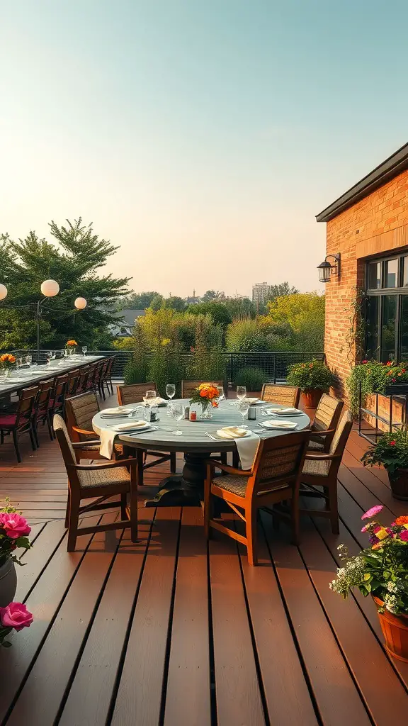 13 Stunning Backyard Makeover Ideas for Your Outdoor Oasis 2 A custom deck with a round dining table set for entertaining, surrounded by flowers and greenery.