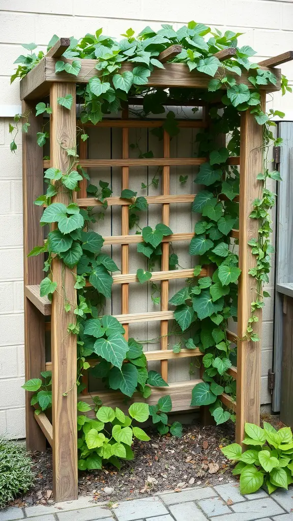 19 Stunning Backyard Oasis Ideas on a Budget 17 Wooden trellis covered in green vines in a backyard