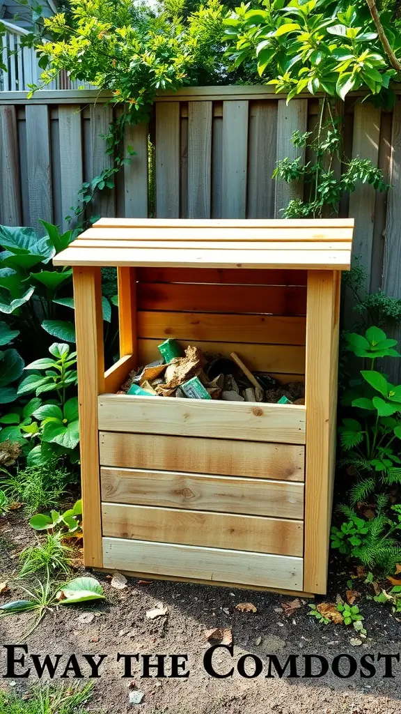 23 Creative DIY Projects to Transform Your Backyard 16 A wooden compost bin surrounded by green plants in a backyard.