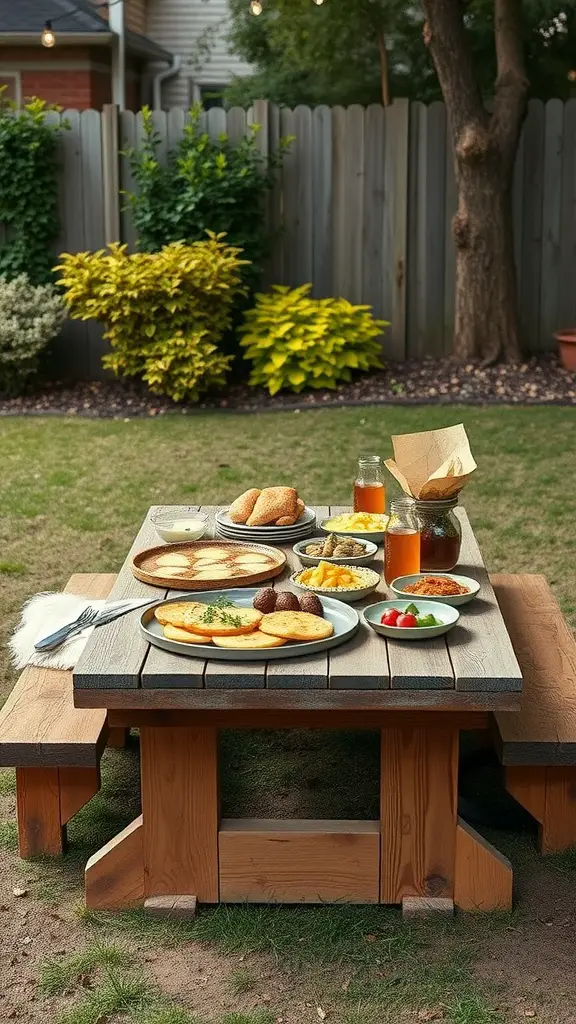 23 Creative DIY Projects to Transform Your Backyard 5 A custom picnic table set with various dishes, surrounded by greenery in a backyard.