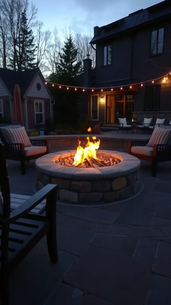 23 Creative DIY Projects to Transform Your Backyard 7 A cozy backyard fire pit surrounded by chairs and string lights, creating a warm atmosphere.