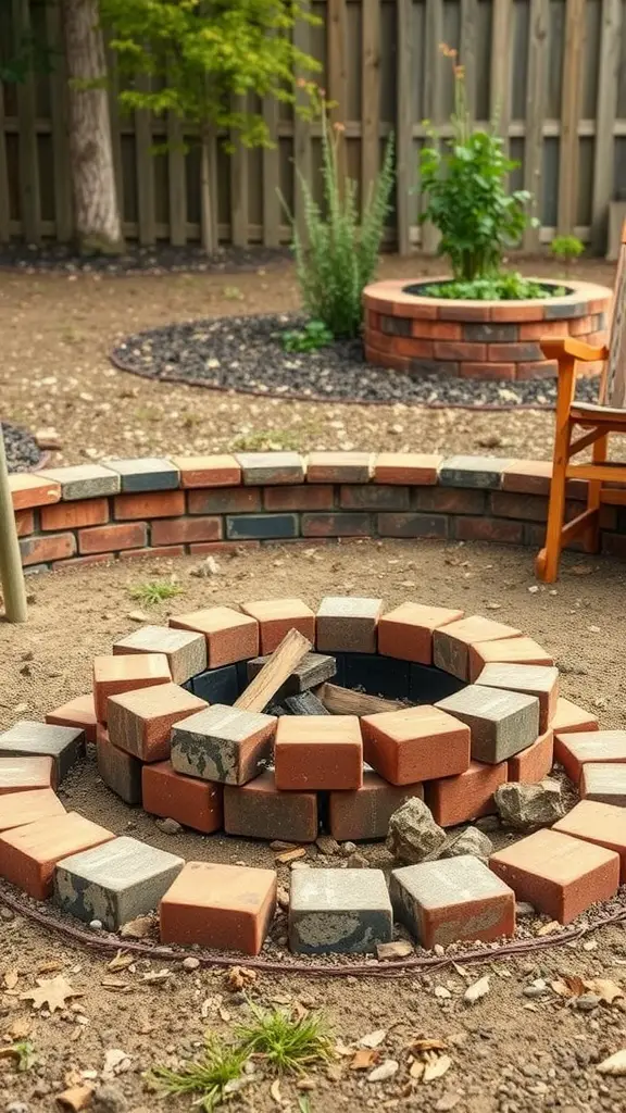 17 Stunning Outdoor Fire Pit Area Ideas for Cozy Gatherings 11 A DIY fire pit made of red and gray bricks, surrounded by gravel and plants in a backyard.