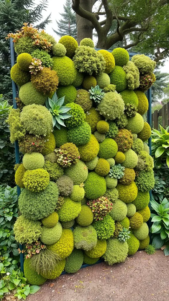 25 Unique Moss Garden Ideas for Your Outdoor Space 10 A vibrant moss wall featuring various shades and textures of moss and small plants, enhancing the garden space.