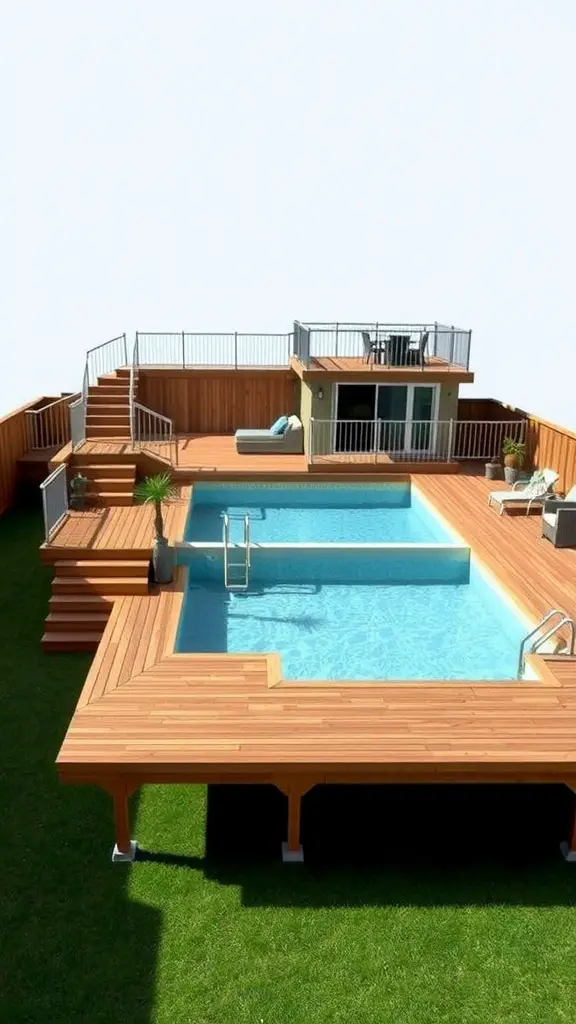21 Stunning Above Ground Pool Deck Designs for Your Backyard 2 A multi-level deck surrounding an above ground pool, featuring steps, railings, and lounge areas.