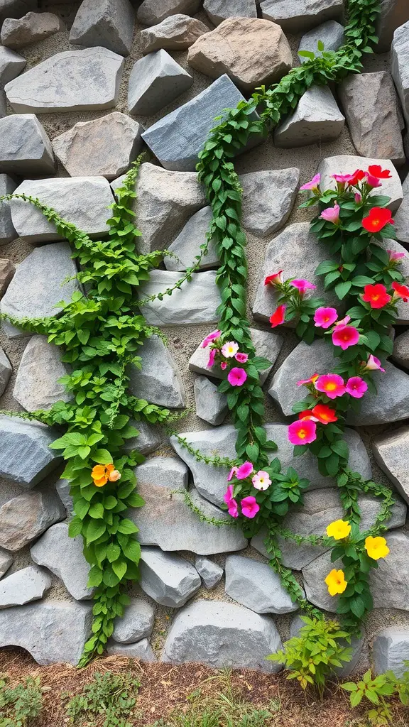 19 Inspiring Rock Garden Ideas for Your Outdoor Space 16 A rock wall covered with colorful flowers and green vines.