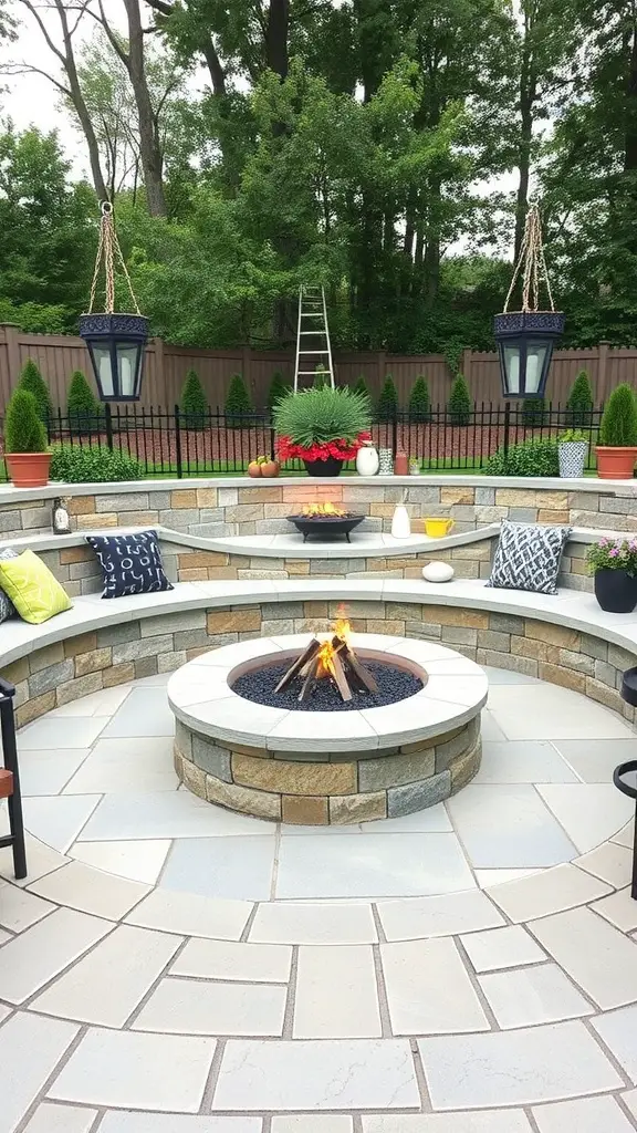 15 Stunning Fire Pit Landscaping Ideas for Your Outdoor Space 9 A cozy circular stone seating wall around a fire pit, adorned with colorful cushions and surrounded by lush greenery.