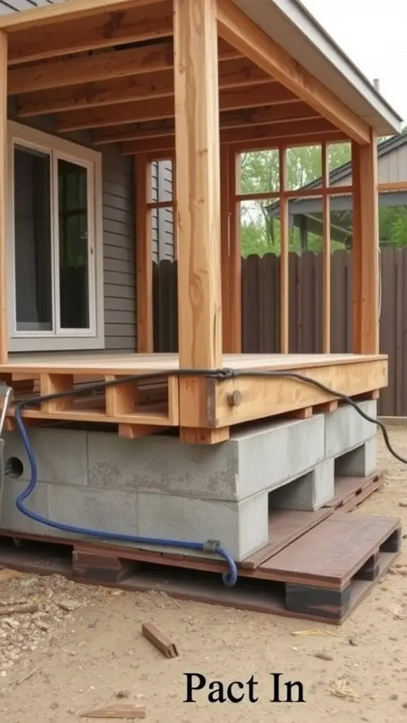 15 Creative DIY Ideas for a Stunning Pallet Deck 8 A wooden deck foundation built with concrete blocks and pallets, showing a sturdy and elevated structure.