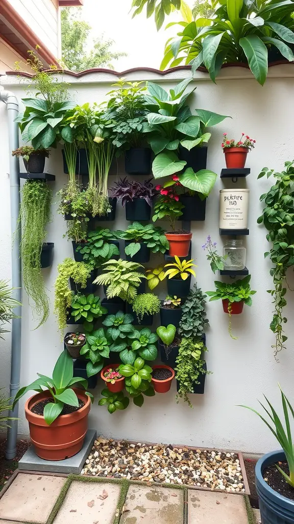 19 Stunning Backyard Oasis Ideas on a Budget 13 A vertical garden with various plants arranged on a wall.
