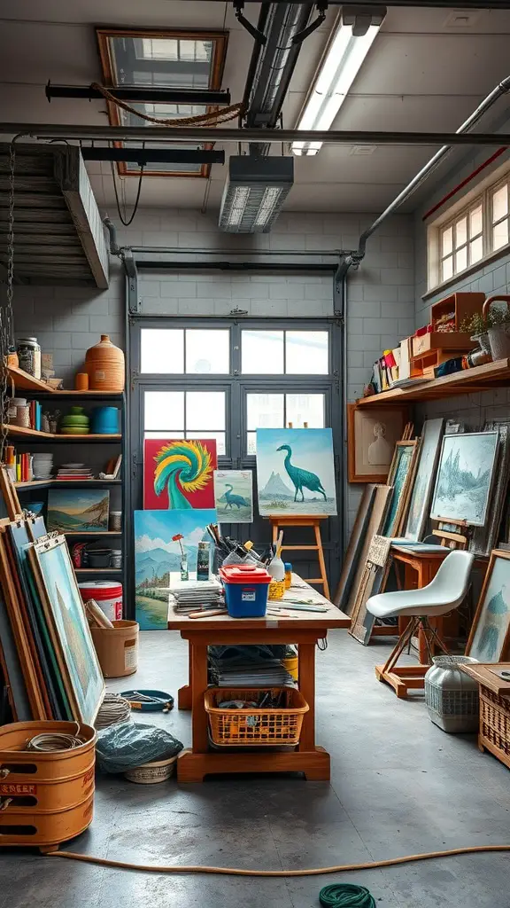 25 Creative Garage Living Space Ideas to Transform Your Home 2 A spacious arts and crafts studio in a garage, featuring a central work table, colorful paintings, and various art supplies.