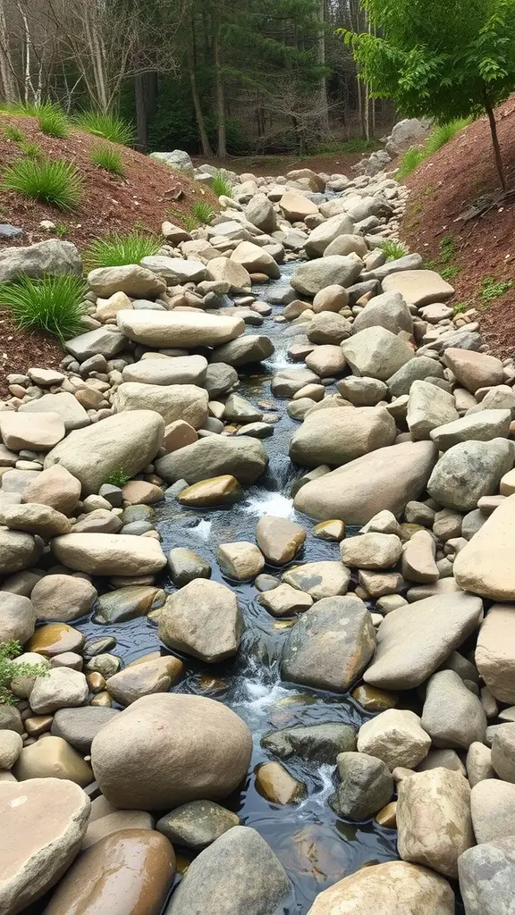 15 Creative Rock Drainage Landscaping Ideas for Your Outdoor Space 7 A dry creek bed lined with various sizes of rocks, surrounded by greenery, illustrating natural water flow management.